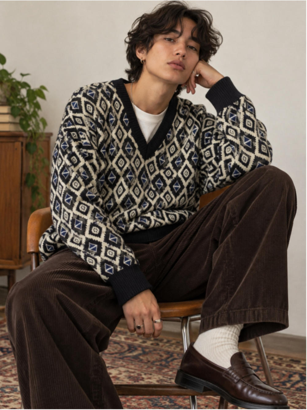 Vintage 90s John Ashford Geometric Diamond Pattern V-Neck Knit Grandpa Sweater L